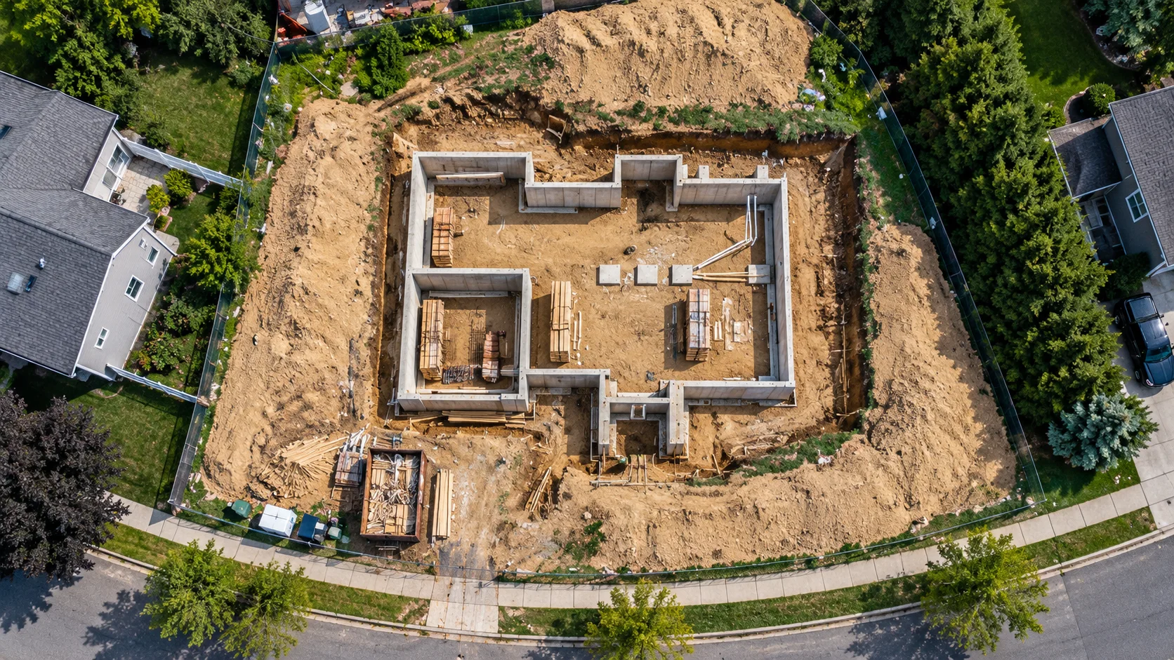 Top-down aerial view of corner lot foundation
